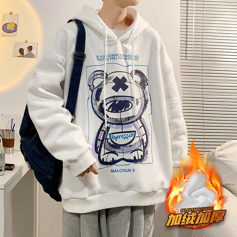 

Мужские толстые зимние свитшоты 2021 в стиле Харадзюку, черные флисовые толстовки большого размера с капюшоном и графическим принтом