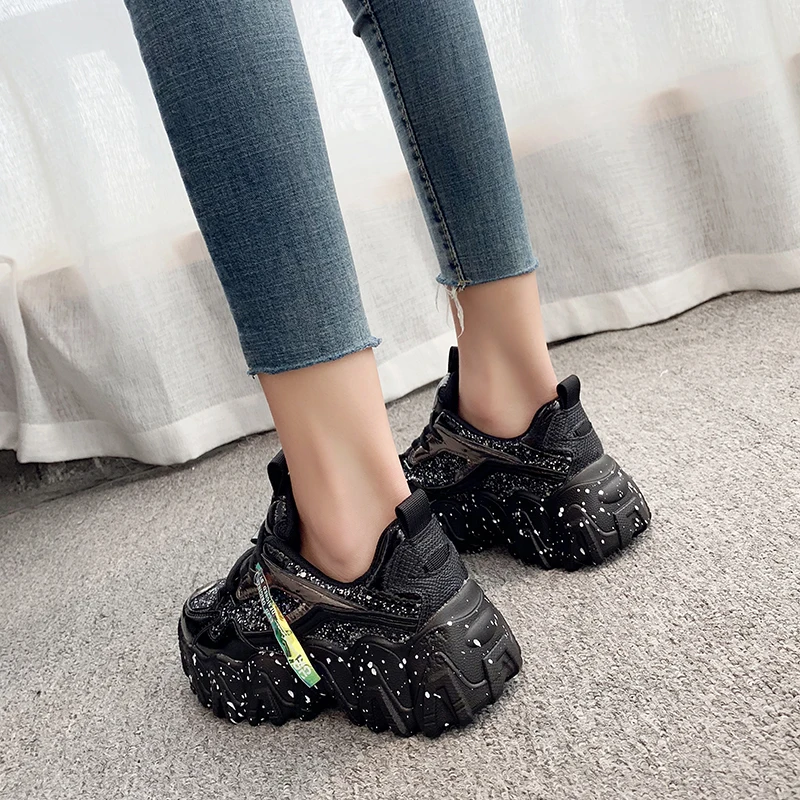 Женские кроссовки на платформе с массивным каблуком Блестящая спортивная обувь