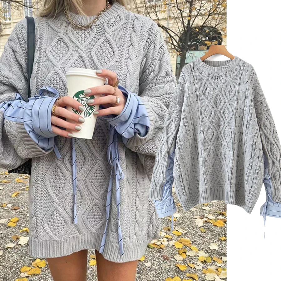

Dave&Di 2022 Ins Sweaters Women Pull Femme England Style High Street Vintage Oversize Patchwork Long Winter Sweaters Women Tops