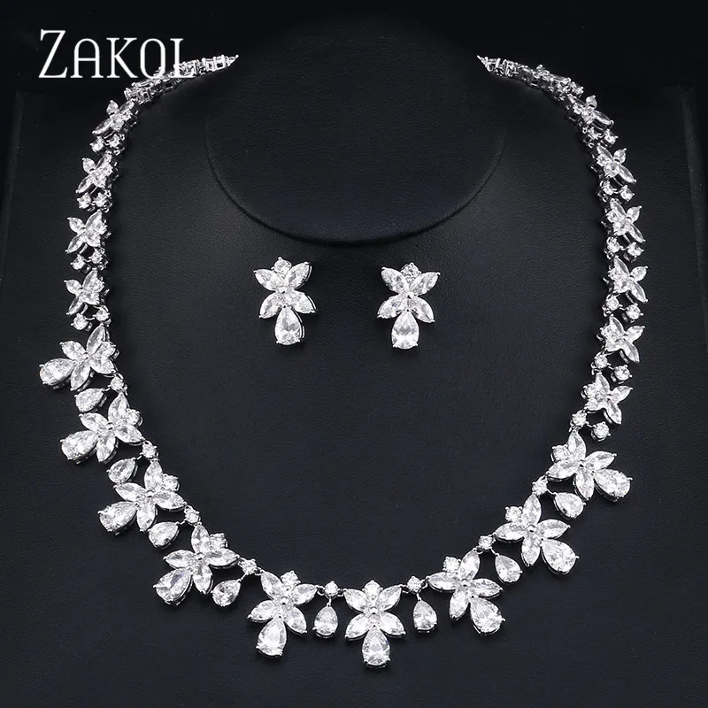 ZAKOL высокое качество кубический циркон в форме цветка серьги ожерелье Свадебные