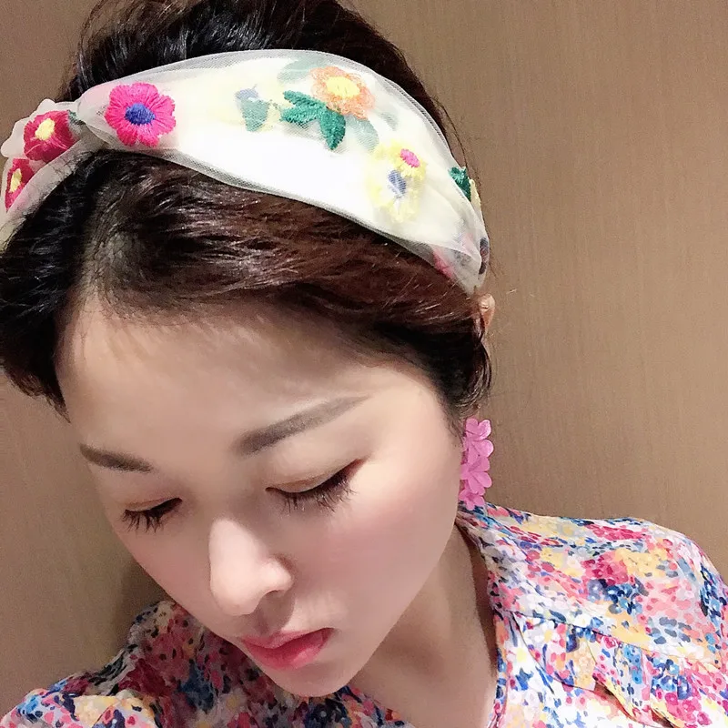 

Fashion Hair Hoop For Girls Hair Accessories lace Embroidery flowers Multicolor Headband Bohemia Style Lady Small Fresh 1pcs