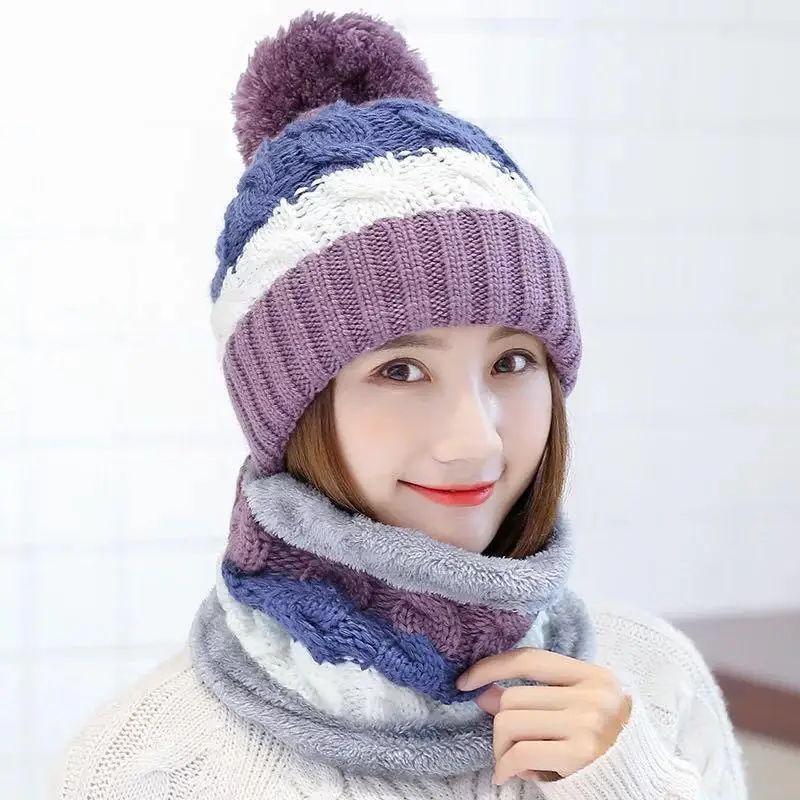 Fashion Winter Hat Scarf Set For Women Girl Warm Beanies Cap Lady Ring Scarf Pompoms Winter Hats Knitted Caps Scarf 2 Pieces