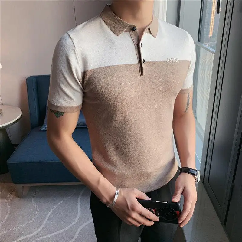 

Business men Polo-shirt fashion Two-Toned Horizontal Solid Split Style Short-Sleeved Viscose Polo Shirt with Turn-Down Collar