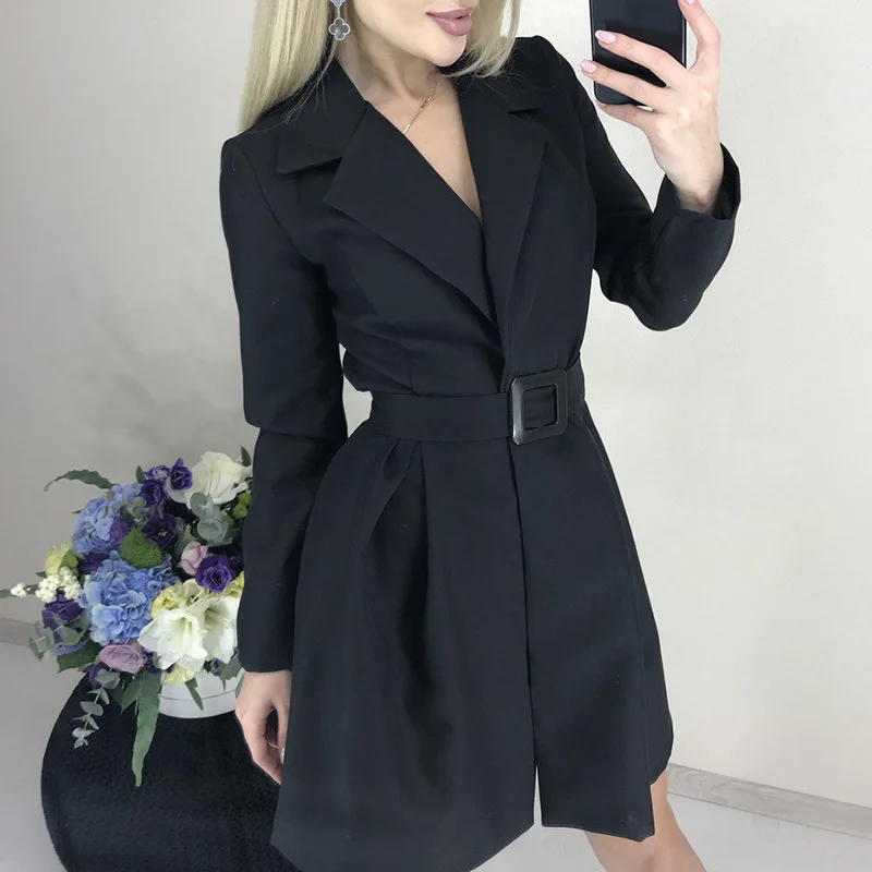 

Z-ZOUX Women Dress Fashion Blazer Dress Notched Long Sleeve Belt Short Dresses Loose Casual Plus Size Summer Dresses Red 2021