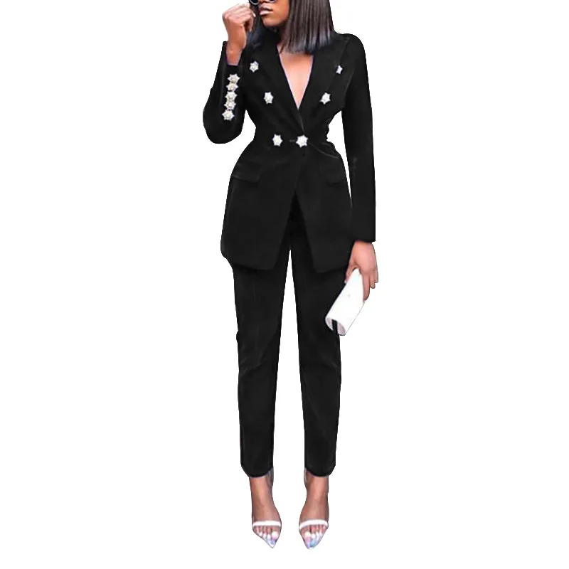 

European and American new women's new fashion sexy solid color suit trousers two-piece casual suit suit elegant temperament
