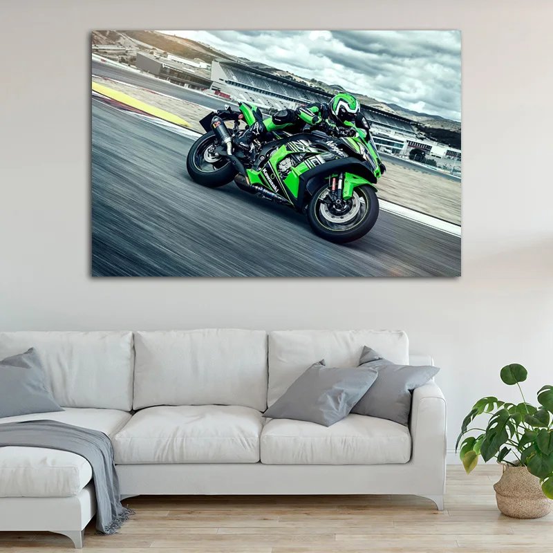 Картины на холсте Зеленый супервелосипед Kawasakis ниндзя Мотогонки спортивные
