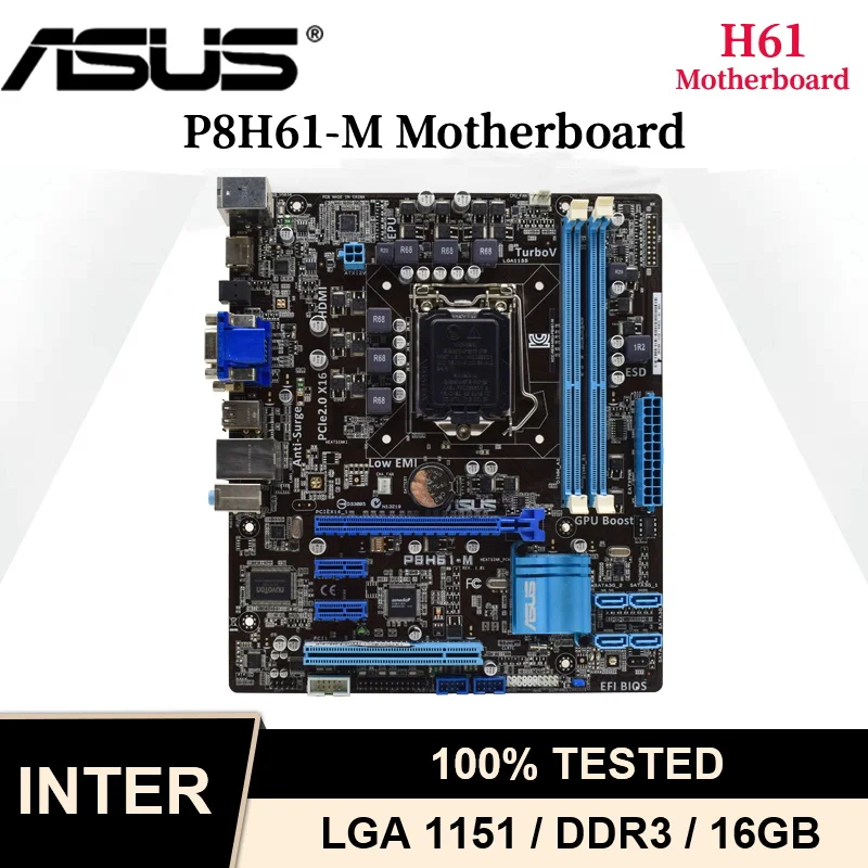 

Материнская плата для настольного компьютера ASUS, материнская плата LGA 1155 Intel H61 DDR3 с поддержкой Xeon E3 Core i7 i5 i3 USB2.0 VGA SATA2 uATX