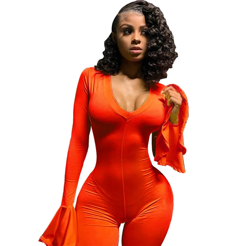 Осенний комбинезон Женский бандажный с v образным вырезом длинным рукавом