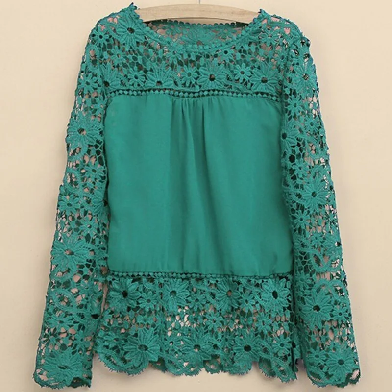 

Plus Size 4XL 5XL 2021 new Spring Autumn women long-sleeved chiffon blouse hollow flower Lace Blouse Shirt Crochet Tops