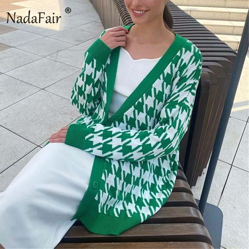Nadafair Хаундстут вязаный кардиган оверсайз зеленый 2021 винтажный свитер джемпер