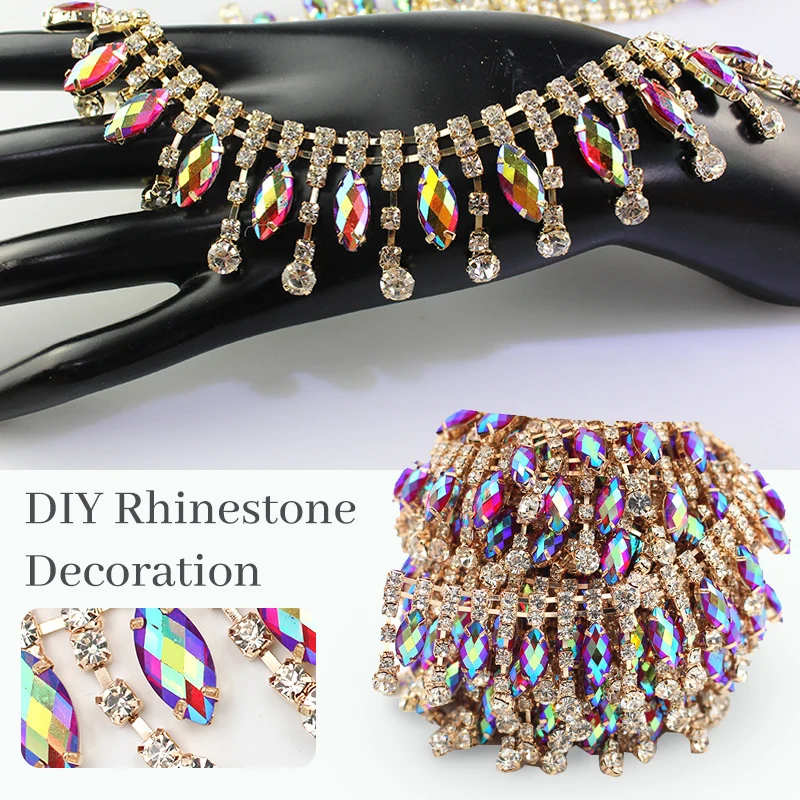 

1 Yard AB Color Rhinestone Trim Multicolor Crystal Gold Chain For Wedding Dress Headgear Shoe Curtain Upholstery Decor Accessory