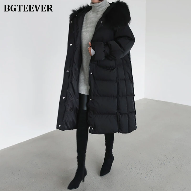 Модная черная Длинная женская пуховая куртка пальто с капюшоном теплые