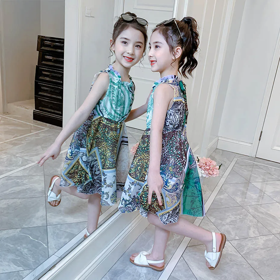 Summer Dress For Girls Bohemian Style Girl Sleeveless Kids Dresses Teenage Costume 6 8 10 12 14 | Детская одежда и обувь