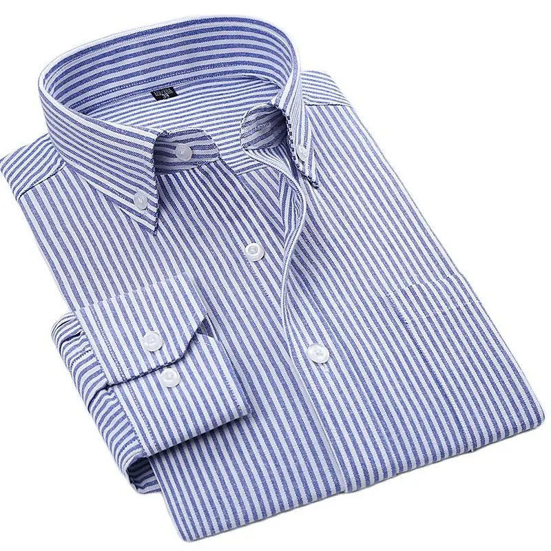 

Business Casual Striped Oxford Shirt For Men Long Sleeve Solid Social Shirt Mens Regular Fit Quality Leisure Clothing Pocket