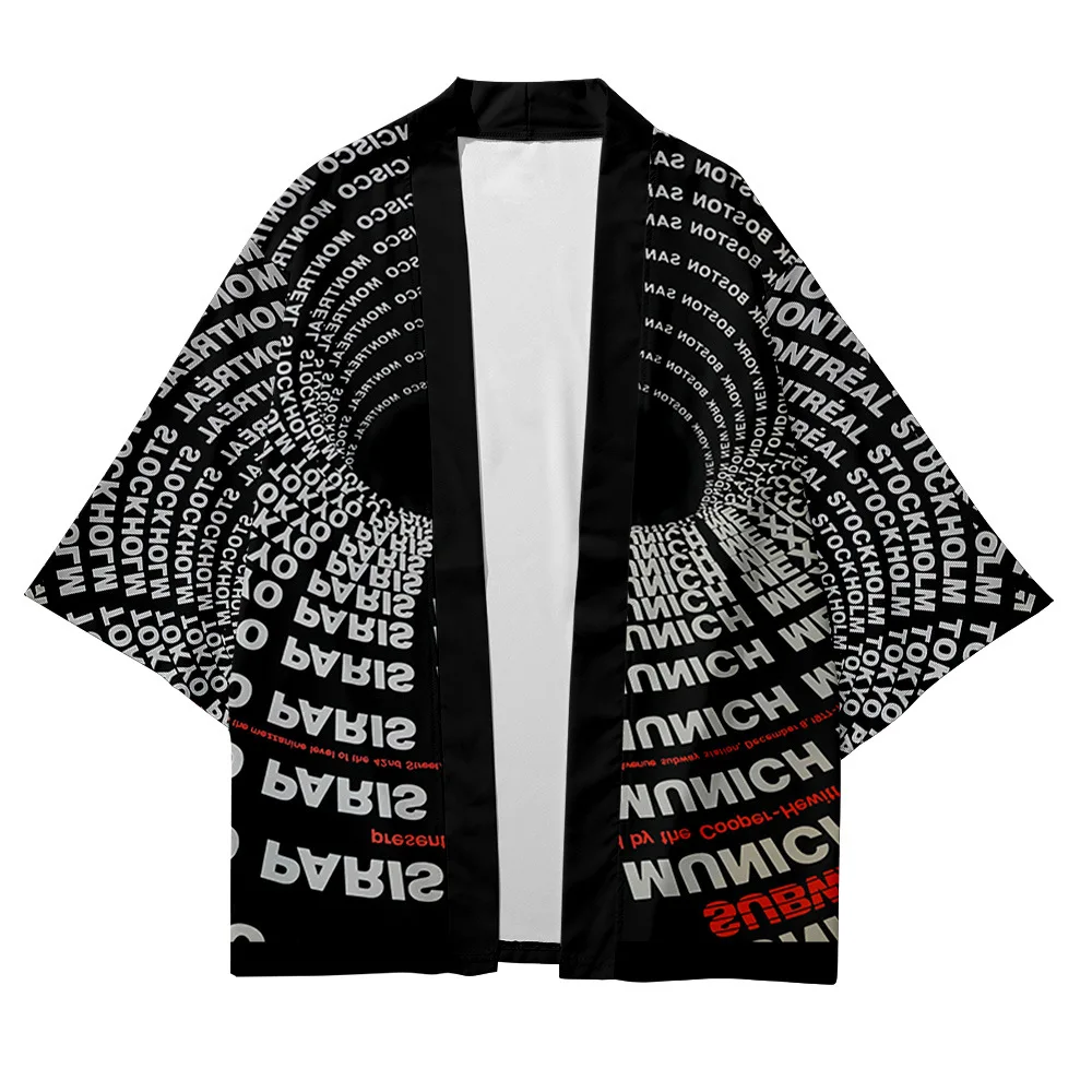 

2021 new visual distortion 3D printing three-quarter sleeve shirt road robe cardigan loose large size trendy men's kimono