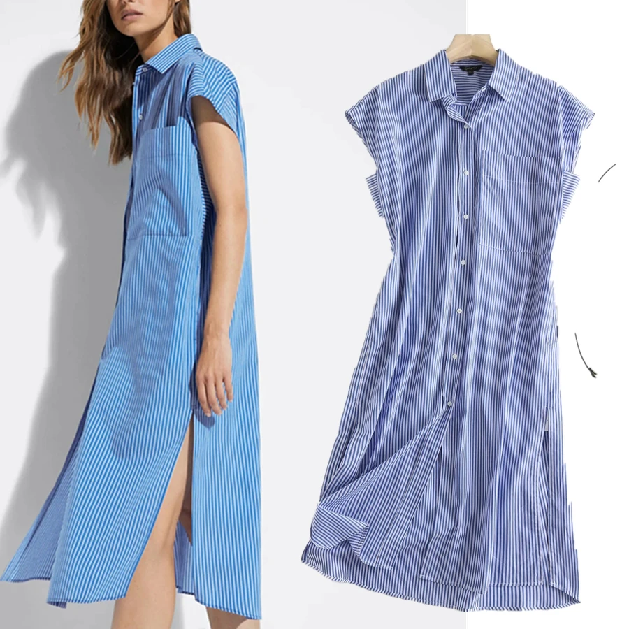 

Elmsk 2021 Summer England Style Fashion Dress Women Vinatge Blue Striped Loose Casual Party Plus SizeDress Women Vestidos