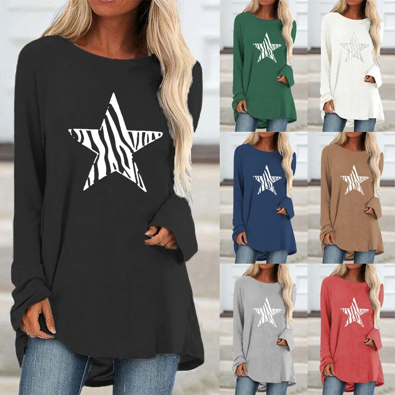 

Women Fashion A-Line Long Sleeve Casual Shirts & Tops Spring Autumn Ladies Loose Star Print Loose T-shirt