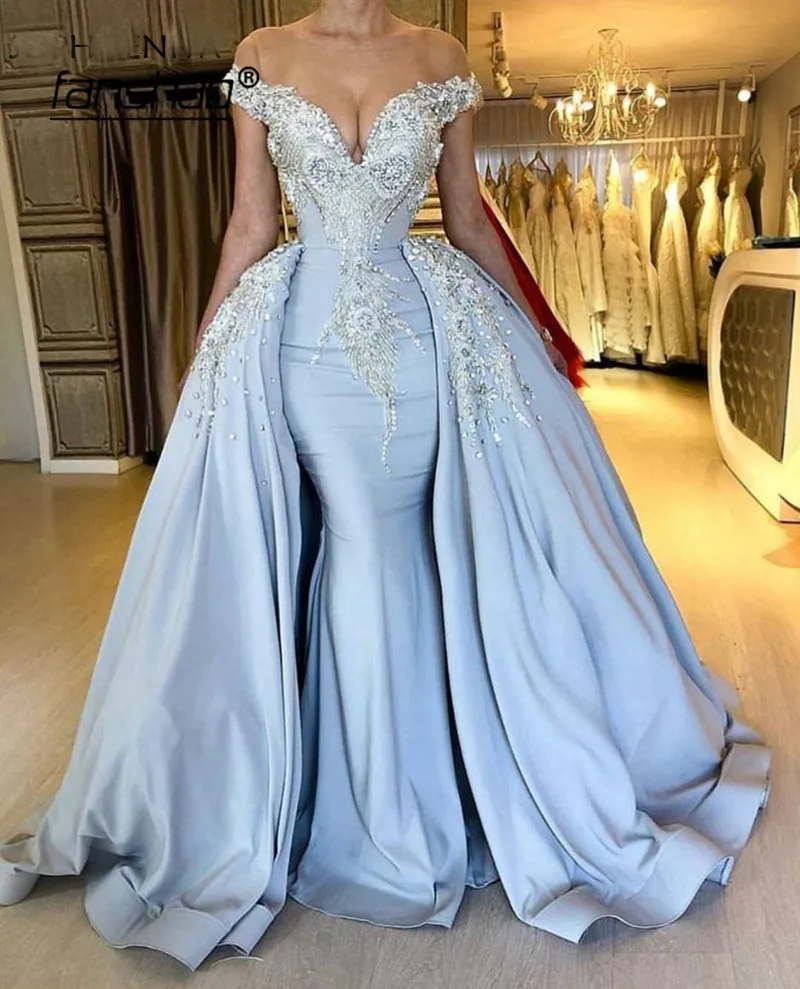 

Off the Shoulder Evening Dress Sky Blue Detachable Train Lace Robe De Soiree Dubai Saudi Arabic Evening Gown Prom Dress vestidos