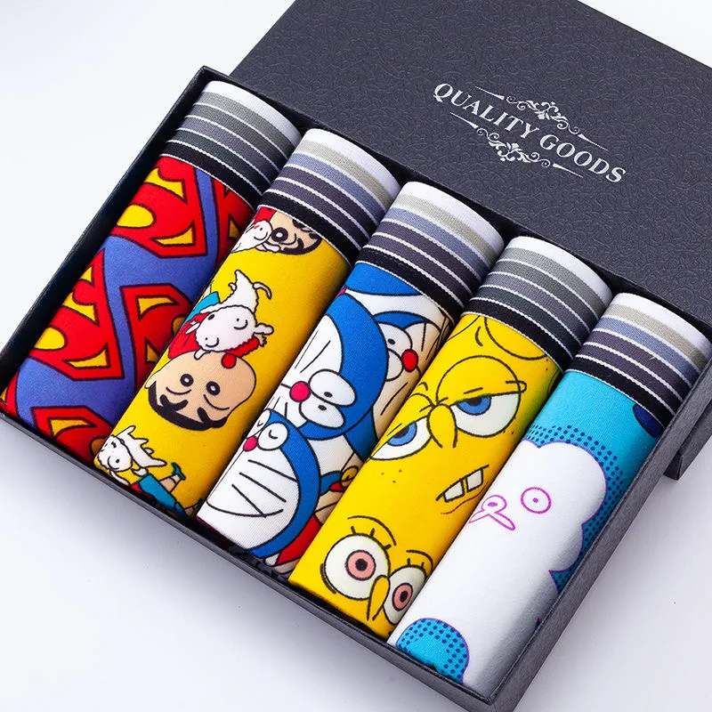 5PCS/Lot Men'S Underwear Boxer Pants Teenager Student Cartoon Printed Breathable Mid-Waist  Men'S Boxer Pants