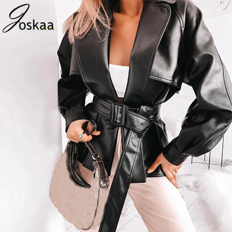 Joskaa из искусственной кожи Тренч Женский Тонкий мото черное кожаное пальто с поясом отложной воротник панк для женщин Blusas