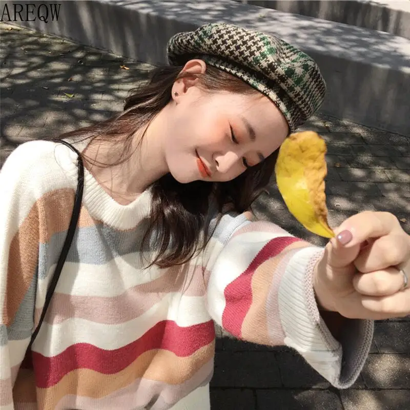 Осенний женский Рождественский свитер с круглым вырезом в радужную полоску