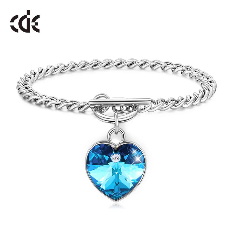 CDE классический Бохо синий кристалл сердце браслет из нержавеющей стали цепочка