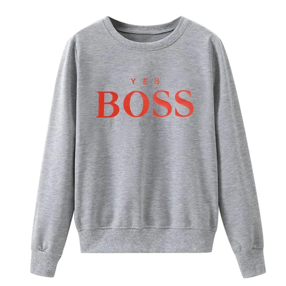 Gray Women Sweatshirt Women Fall Yes Boss Letter Printed Hoodie Sweatshirt Ladies Long Sleeve Pullover Jumper Sudadera Mujer - Цвет: Gray