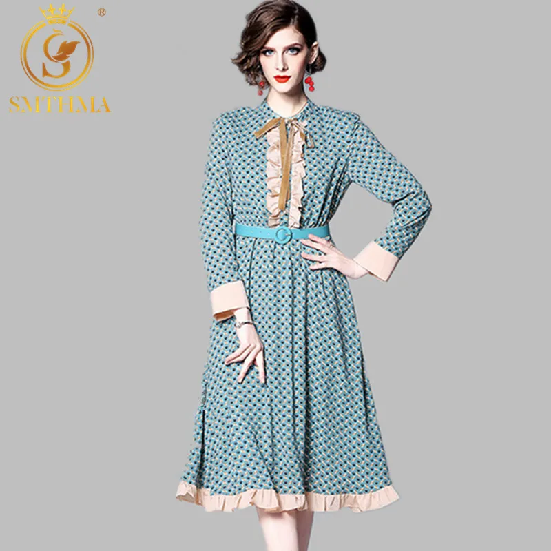 Женское платье SMTHMA длинное шифоновое в горошек с длинным рукавом а силуэта стиле