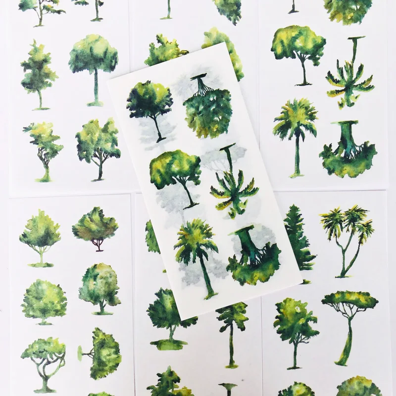 

6 листов/упаковка акварельные зеленые деревья бумажные наклейки декоративные Сделай Сам Уплотнительная паста наклейки