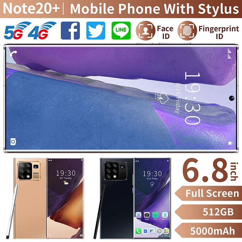 

New Note20+ 6.8 Inch Full Screen Smart Phone Snapdragon 865 5000mAh Face Finger Print ID Cell Phone Dual Camera Mobile Phone