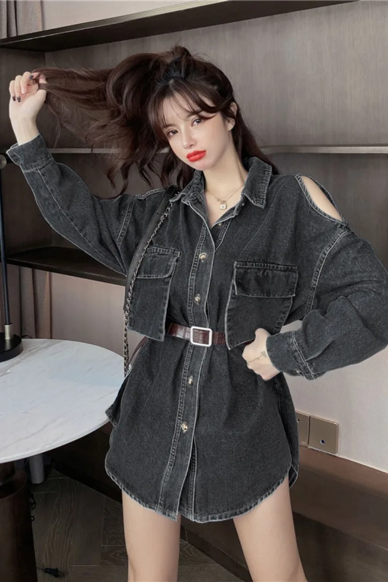

Elegant Lapel Slim Waist Lacing Long Sleeve Jeans Jacket for Women 2021 Spring New Solid Off-Shoulder Loose Denim Coats Female