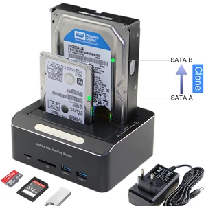 Док-станция для жестких дисков, 2 отсека, USB 3,0-SATA, для жестких дисков 2,53,5 дюйма, SSD с 2 концентраторами USB 3,0, кардридером TFSD, автономным клонированием UASP