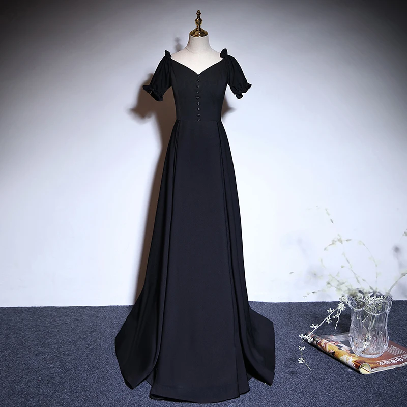 

New Evening Dress V-Neck Simple Elegant Short Sleeves Button A-Line Lace Up Floor-Length New Black Party Formal Gown Woman B444
