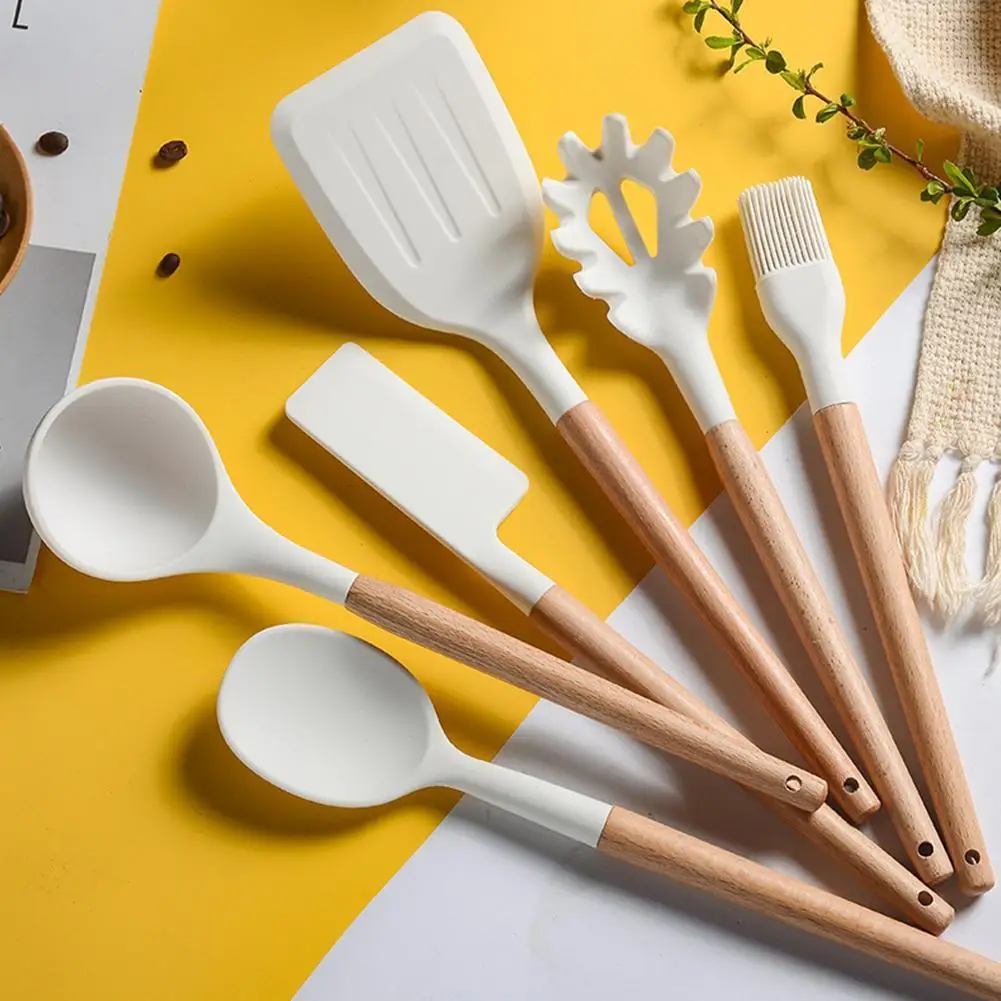 

White Cooking Kitchenware Tool Silicone Utensils With Wooden Multi-Function Handle Non-Stick Spatula Ladle Egg Beaters Shovel