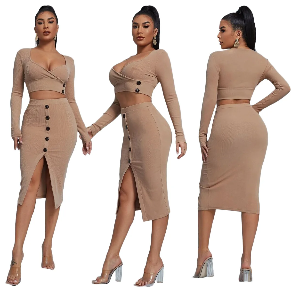 Khaki U Neck Long Sleeve Corp Top And 