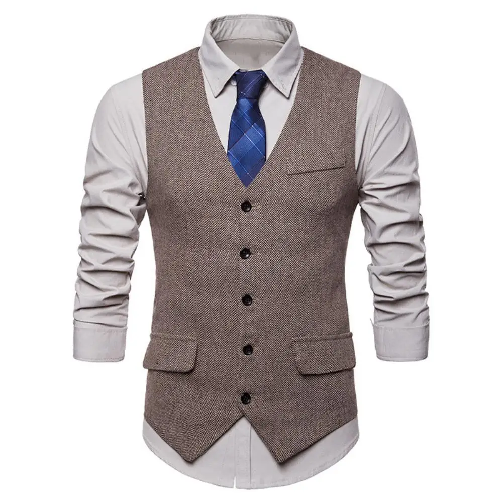 

Men Sleeveless V Neck Single-breasted Herringbone Gilet Business Suit Waistcoat