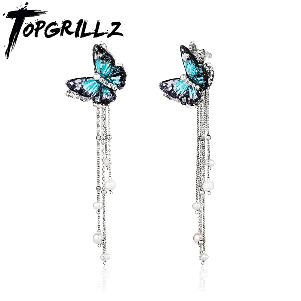 

TOPGRILLZ 2022 новые жемчужные серьги-подвески с бабочкой и кисточкой с кубическим цирконием бижутерия в богемном стиле для женщин