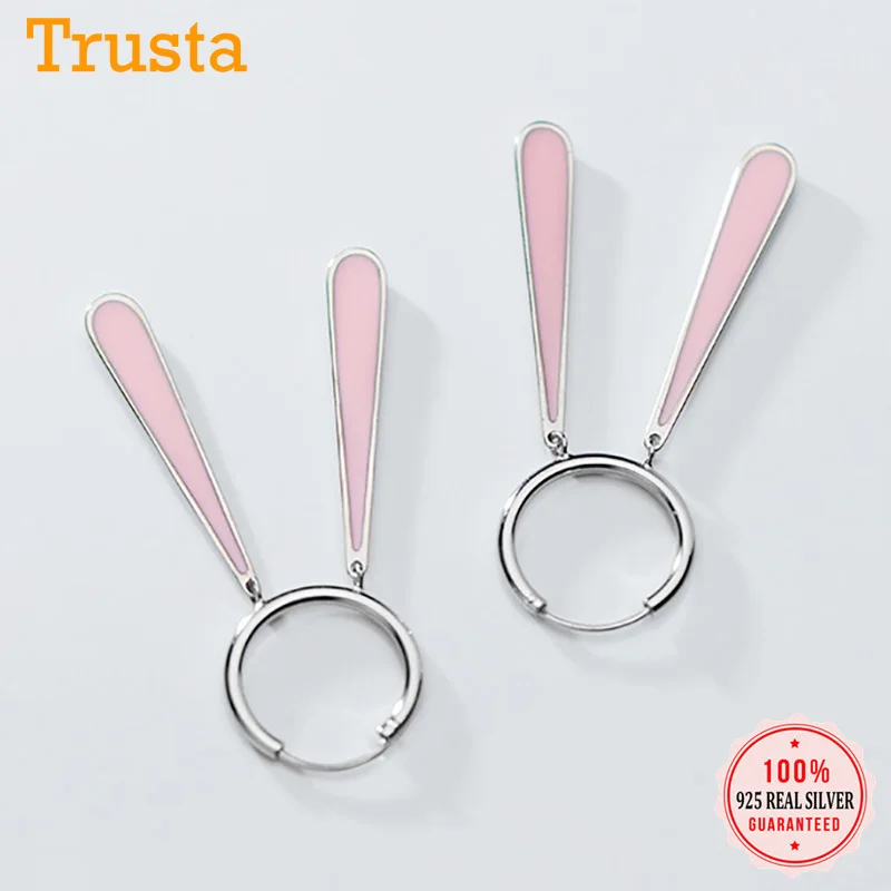 Trustdavis модные серебряные серьги-кольца с розовыми кроличьими ушками из