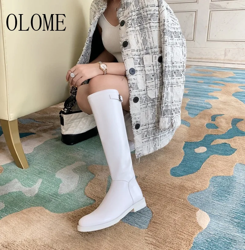 OLOME, новые модные красивые женские сапоги до колена черного и белого цвета женские осенне-зимние сапоги на низком толстом каблуке с круглым носком и молнией сзади