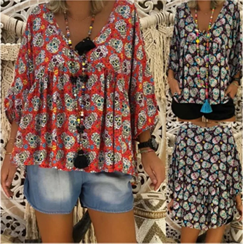 Женская винтажная блузка с V-образным вырезом и принтом черепа | одежда