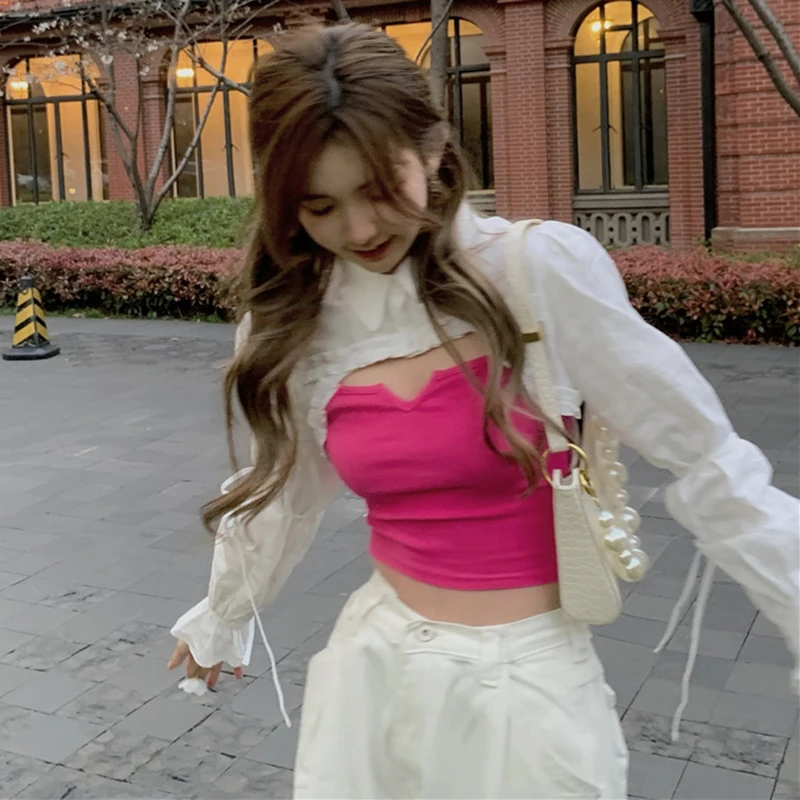 

Hot Girl Suit Women's Early Spring Korean Style Western Style White Blouse + Rose Red Camisole Internet Celebrity Temperament