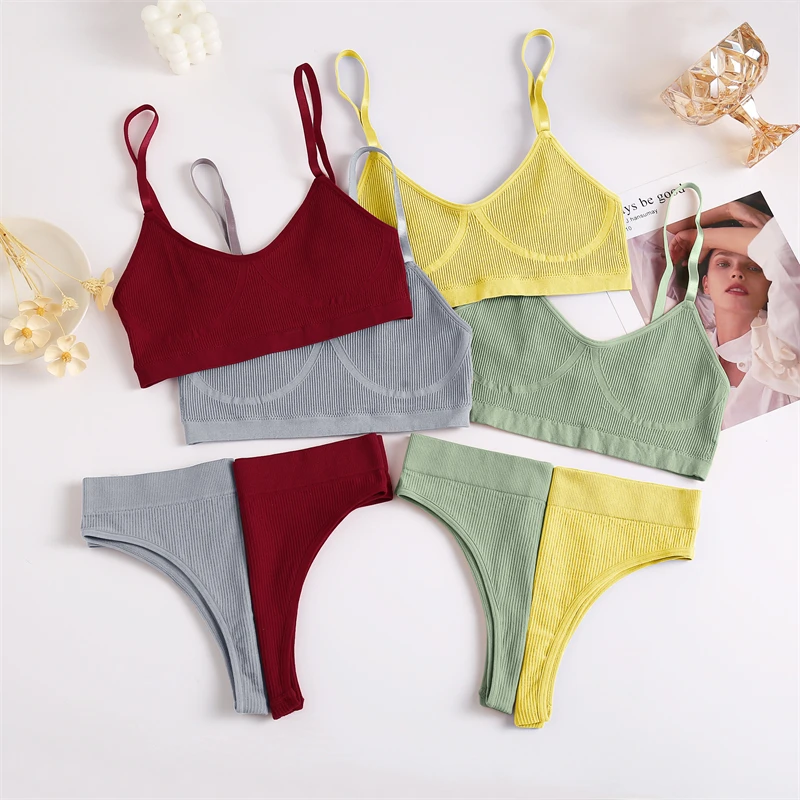 

Бесшовное нижнее белье FINETOO, женское нижнее белье, майки, топы, трусики, комплект с бюстгальтером без косточек, укороченный топ, женские трус...