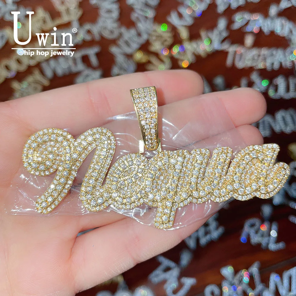 Uwin Csutom Cursive Letter With Baguette Chain Iced Out Name Necklace Chain Cubic Zirconia Fashion Hiphop Jewelry