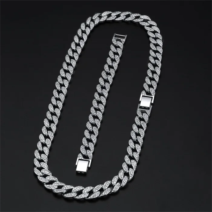 SilverNecklceBracelt 15 мм, мужские ожерелья, кубинские цепи, мужские ожерелья, золото, серебро, хип-хоп, со стразами, ожерелье, браслет, набор - Окраска металла: SilverNecklceBracelt