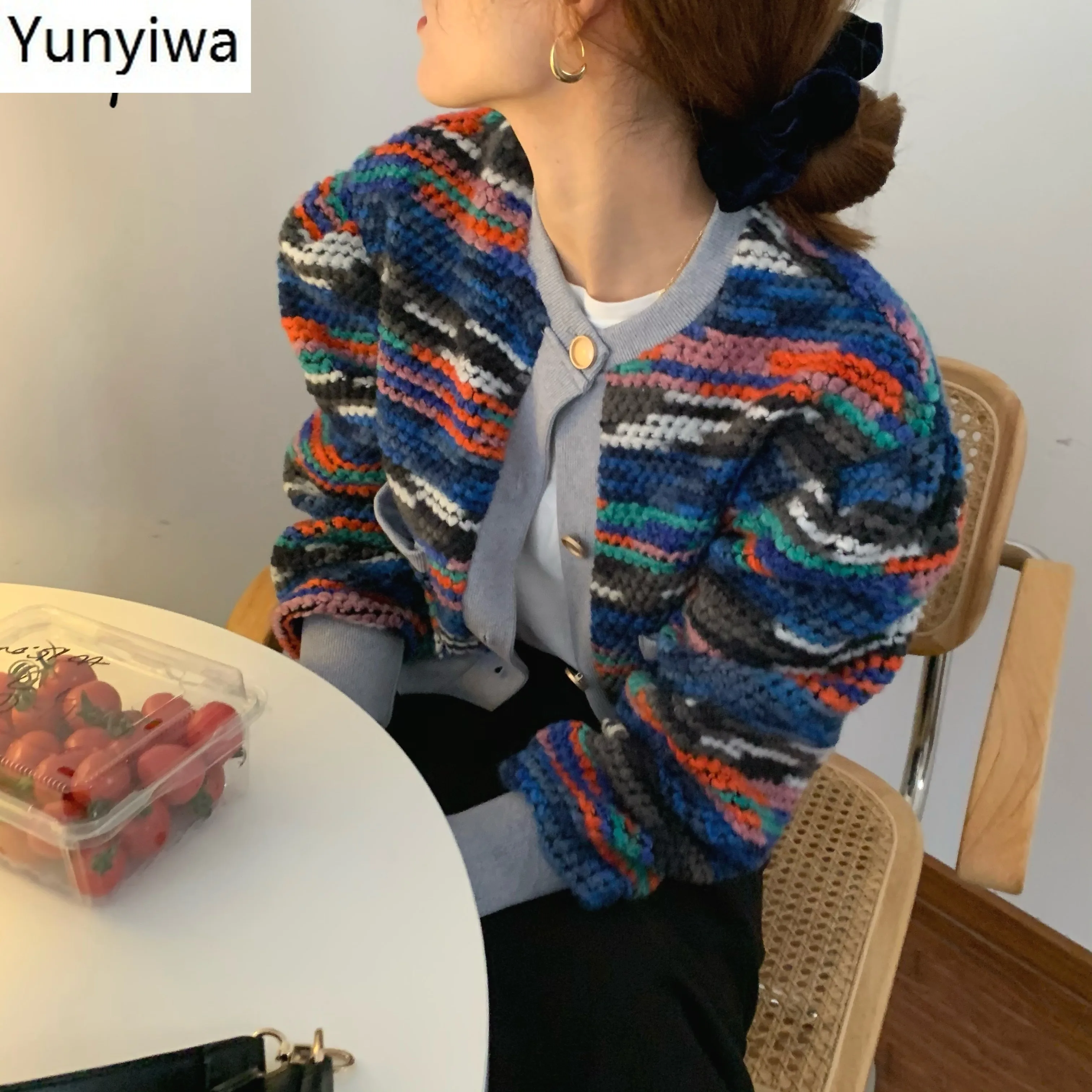 

Korean Style Chic O-neck Panelled Cardigans Autumn Fashion Single Breasted Coat Loose Colorful Stripes Women Sweater
