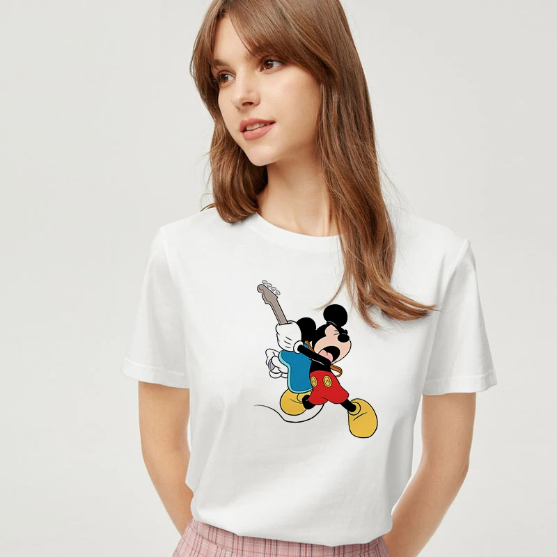 

New Arrival Cute Anime Mickey Mouse Guitar Print Female Tshirt Disney Clothes Harajuku Kawaii Women's T-Shirt Summer Fashion Top