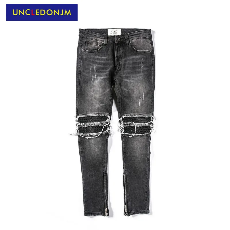 

Джинсы UNCLEDONJM мужские узкие, дизайнерские штаны из потертого денима, с застежкой-молнией на щиколотке, винтажная уличная одежда