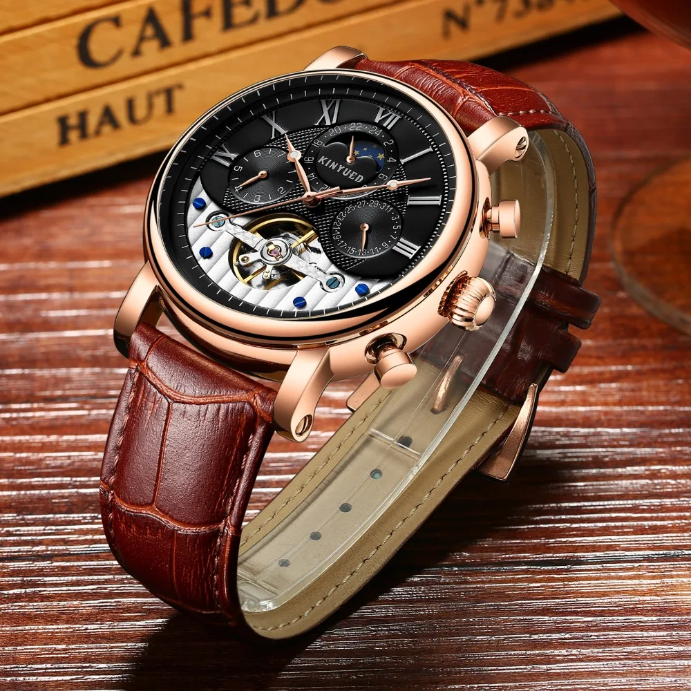 

KINYUED Automatic Skeleton Watches Moon Phase Mens Tourbillon Mechanical Watch Military Calendar horloges mannen montre homme