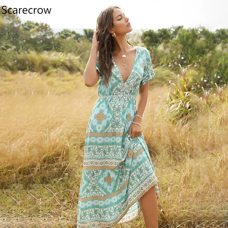 Пугало в богемном стиле с принтом длинное-Длина Стиль v-образный вырез на шее