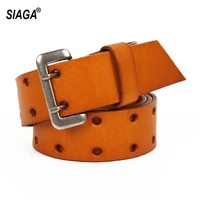 unisex personalized retro pin buckle solid cowhide leather belts for women double pin holes accessories 3 8cm width sa014